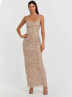 BRAND NEW NEVER USED - Mac Duggal Beige & Silver Embellished Sequin Gown, Size 8